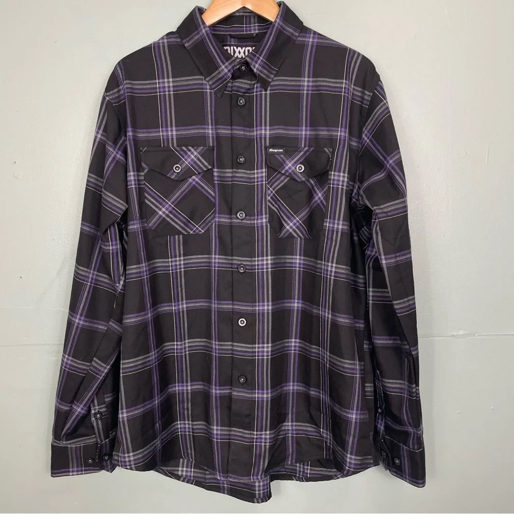 DIXXON Snap On Flannel Button Down Long Sleeve Plaid Purple Black Size XL